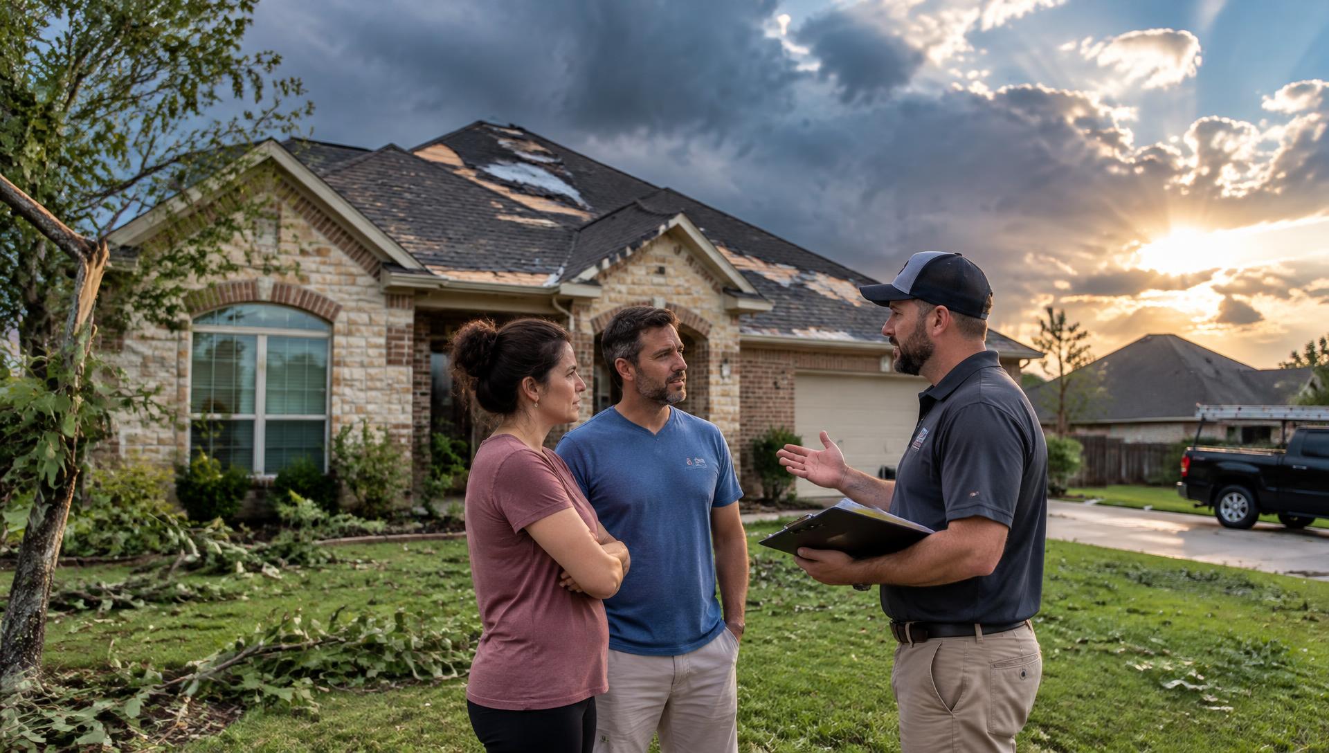 Homeowners talking with a roofer after a storm