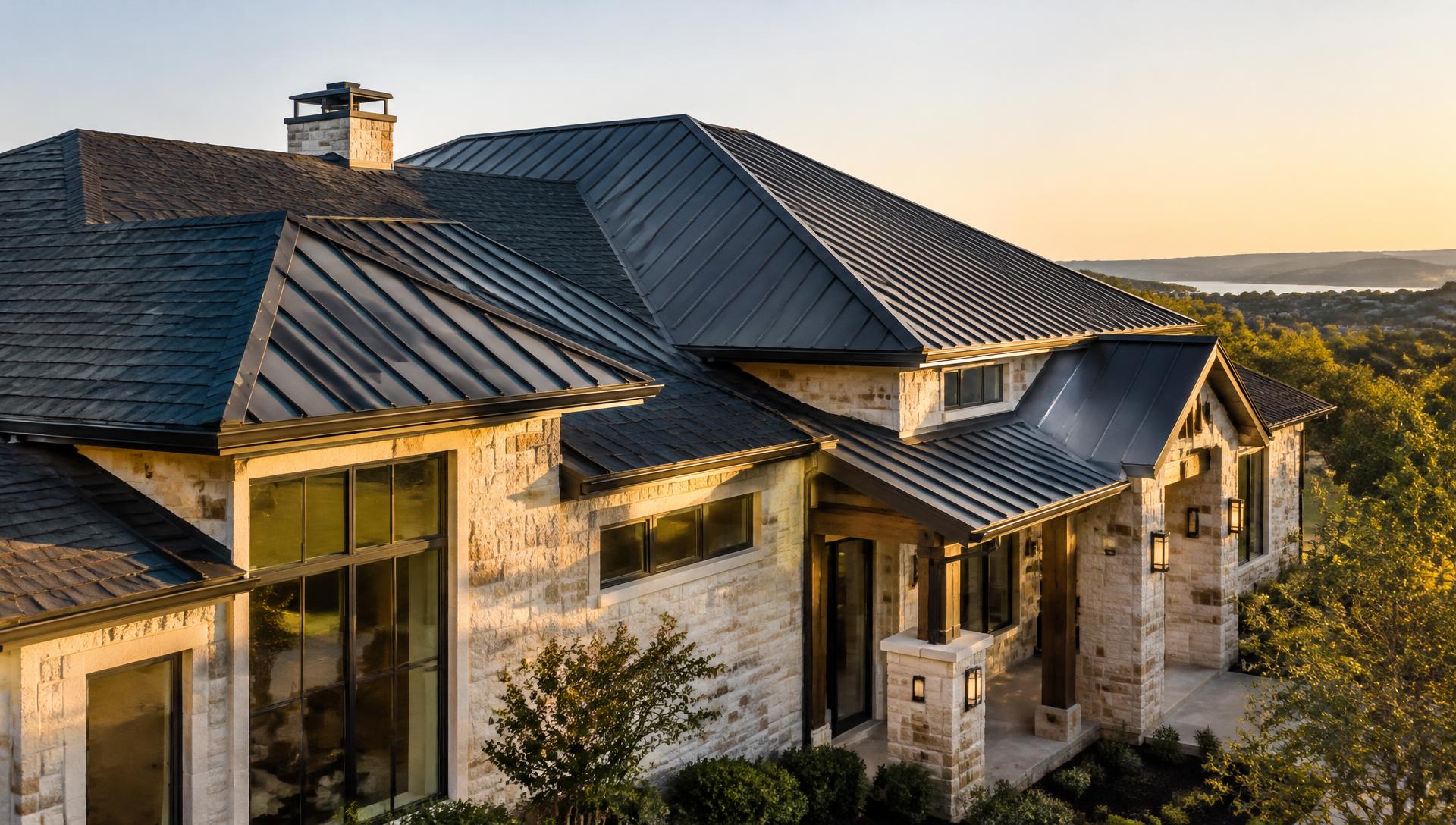 Modern Texas home with standing-seam metal and architectural shingle roof